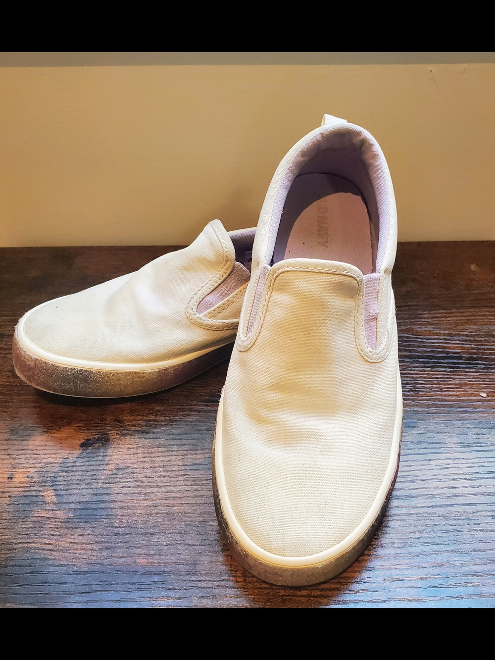 Old Navy Slip-On Canvas Sneakers in Cream with Rainbow Glitter Trim